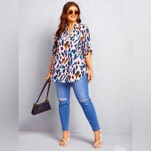 Plus Allover Print Notched Neck High Low Hem Blouse